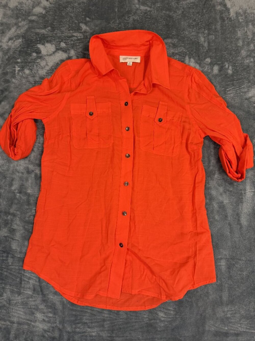 Jones New York Sport Orange Button-Up Blouse With Roll Tab Sleeves Size S